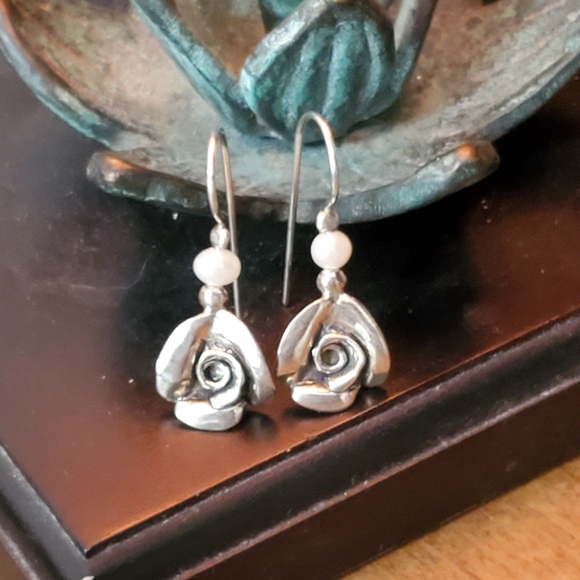 PZ ISRAEL Sterling Rose Earrings with White Cultured Pearl 1.25”L - Picture 3 of 15